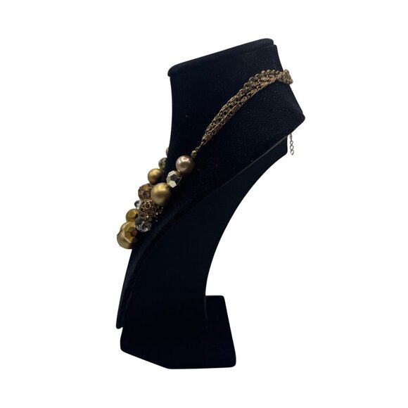 Vintage Gold Tone Multi Bead Necklace Chain Brushed Gold Rhinestones Clear Beads - Picture 3 of 4